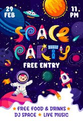 Wall Mural - Cartoon galaxy space party flyer with kid astronaut and alien UFO, vector background. Kids space party or entertainment event invitation poster with planets and spaceship rocket in galactic starry sky