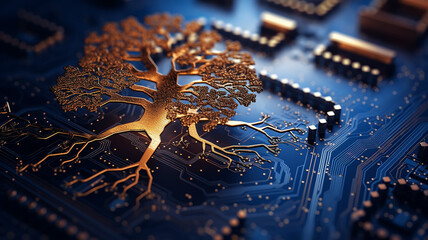 Poster - background concept is artificial intelligence, a symbol of nature and growth, a tree of life and a brain integrated and combined with a computer chip, fictional graphics