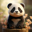 Cute panda sitting on a stump with flowers in the forest