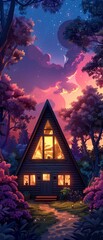 AFrame Retreat A cartoonstyle illustration of an Aframe house with many windows, nestled among trees under a magenta sky The cozy retreat offers a blend of comfort and nature, making it an ideal getaw