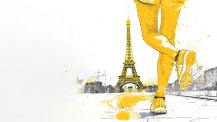 Yellow illustration of woman legs running sport at Eiffel Tower Paris