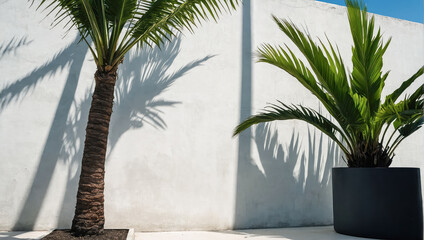 Wall Mural - creative layout of colorful palm leaves on a white background in the rays of the sun, with shadows. 