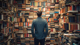 Fototapeta  - man in bookstore or library with stack of many books