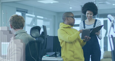 Poster - Image of statistical data processing over diverse man and woman discussing at office