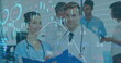 Image of multiple graphs moving over diverse smiling doctors analyzing reports in hospital