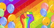 Image of rainbow fist and colourful balloons on rainbow background