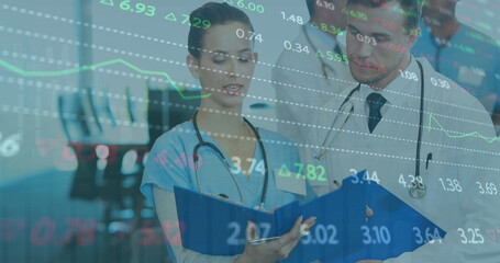 Poster - Image of financial data processing over diverse doctors at hospital