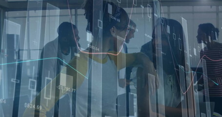 Poster - Image of financial data processing over diverse business people in office