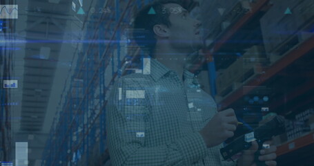 Poster - image of data processing over caucasian man in warehouse