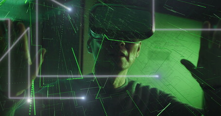Poster - Image of data over male it engineer with vr headset by computer server