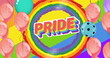 Image of pride text in rainbow circle over colourful balloons on rainbow background