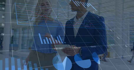 Poster - Image of financial data processing over diverse business people in office