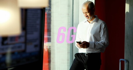 Poster - Image of 6g text over caucasian businessman using smartphone