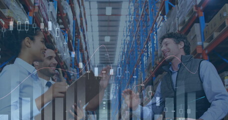 Poster - Image of financial graphs over happy diverse female and male warehouse workers