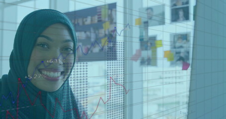 Poster - Image of financial data processing over biracial businesswoman in office
