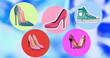 Image of colourful shoes and spots on blue background