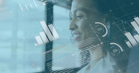 Poster - Image of financial data processing over biracial businesswoman in office