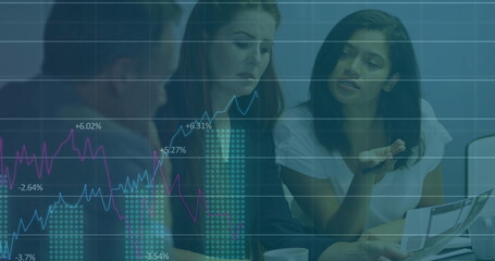 Poster - Image of financial data processing over diverse business people in office