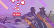 Image of hearts and number over happy diverse couple sitting at cabriolet and playing guitar
