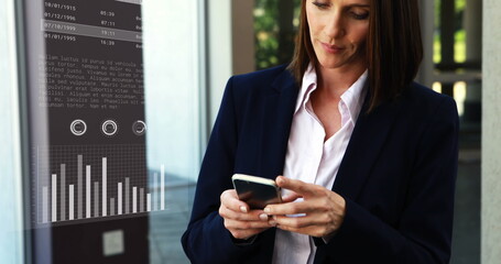 Poster - Image of financial data processing over caucasian businesswoman using smartphone