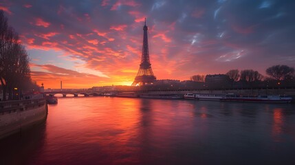 Wall Mural - Eiffel Tower by the river at sunset