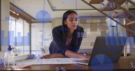 Poster - Image of financial data processing over african american woman using laptop