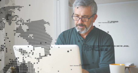 Poster - Image of global network over senior caucasian man in glasses using laptop at home