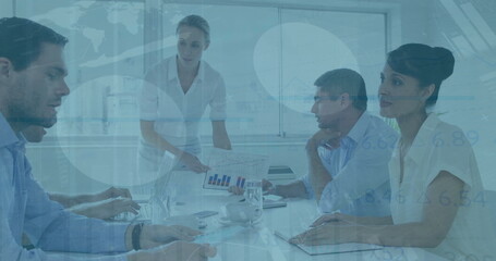 Poster - Image of financial data processing over diverse colleagues having meeting in office