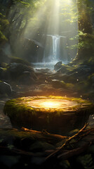 Wall Mural - Concept art of an empty podium in the center, surrounded by trees and stones,