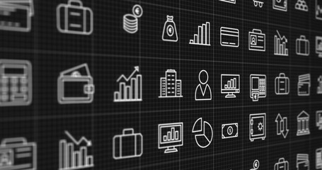 Poster - image of business icons over data processing on black background
