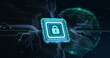 Image of padlock icon with computer circuit board over globe and lines on black background