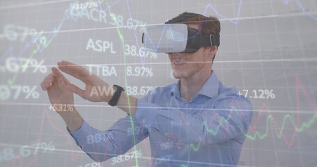 Poster - Image of trading board and graphs over caucasian businessman gesturing using vr headsets