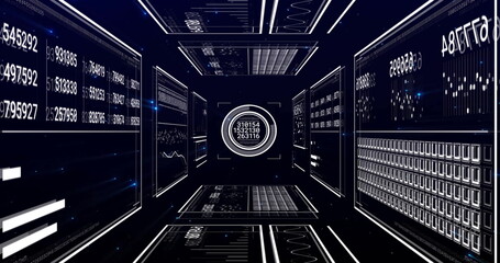 Poster - Image of data processing over light trails on black background