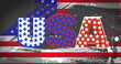 Image of usa text with stars over flag of usa on black background