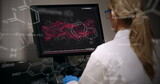 Fototapeta Sport - Image of scientific data processing over back of caucasian female lab worker using computer