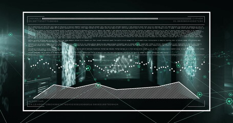 Poster - Image of data processing on graph over screens with graphs, networks and dna on black background