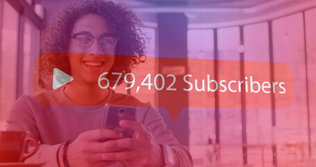Poster - Image of subscribers text with growing number over biracial man using smartphone