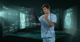 Fototapeta Sport - Image of biracial male doctor over data processing