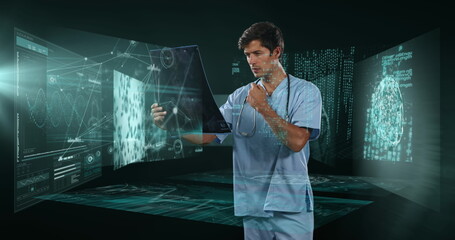 Poster - Image of biracial male doctor over data processing