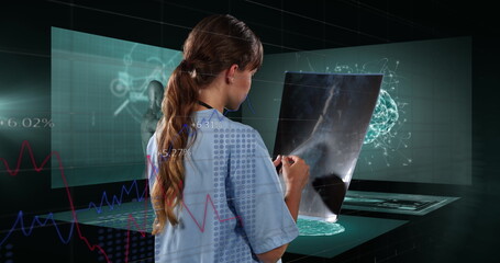 Poster - Image of biracial female doctor over data processing