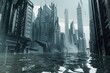 Rising Tides: Futuristic Metropolis Engulfed by Climate Chaos,Submerged Skyscrapers: A Haunting Vision of Climate Crisis 