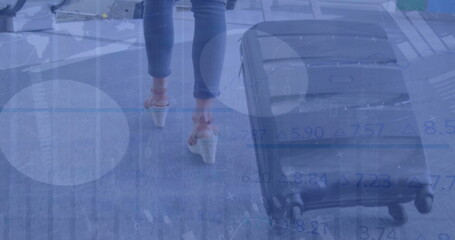 Poster - Image of financial data processing over caucasian woman walking with suitcase on street