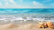 Beautiful beach with starfish and shells on white sand, blurred blue sea in the background. summer vacation concept.