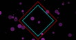 Image of red and blue squares over purple orbs on black background