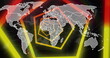 Image of world map over neon shapes on black background