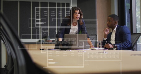 Canvas Print - Image of data processing over diverse male and female business colleague in meeting