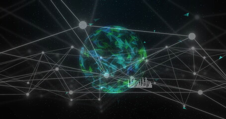 Poster - Image of network of connections with diagrams over globe of shapes