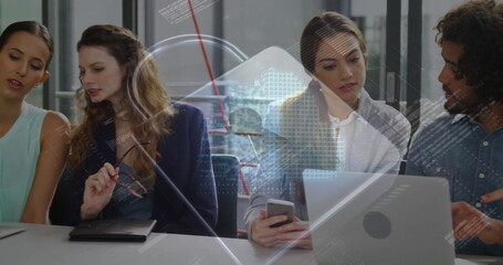 Poster - Image of data processing and padlock over diverse business people discussing work in office
