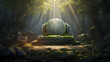 Concept art of an empty podium in the center, surrounded by trees and stones,