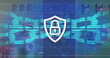 Image of digital shield with padlock and block chains on blue background